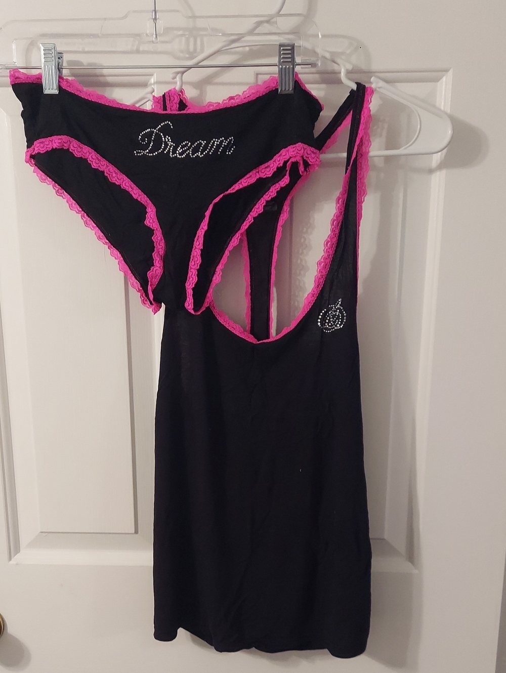 Black & Hot Pink Lace Trim Sleep Tank and Bikini Set - Dream Detail